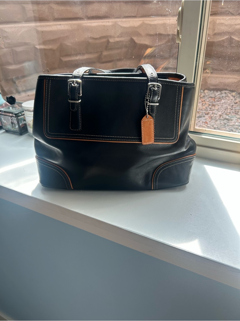 Vintage Coach Black Leather Satchel Handbag Briefcase Brown Trim #L3Q-9605